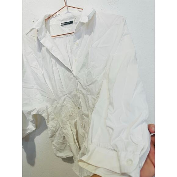 NATORI White Peplum Hem Voluminous Sleeves Techno Polplin Blouse Top Size 4 - Picture 8 of 11